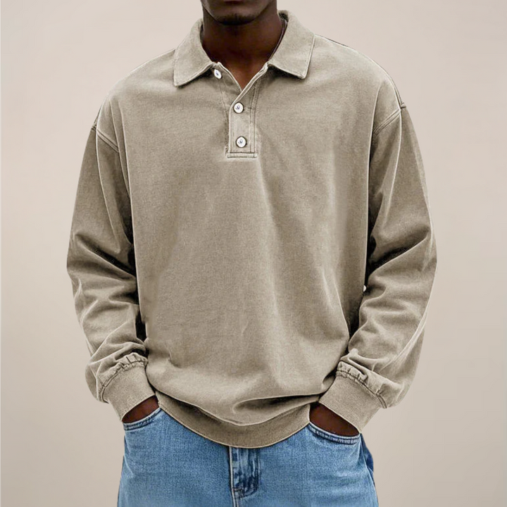 Herenpoloshirt met lange mouwen, knoopsluiting en losse pasvorm