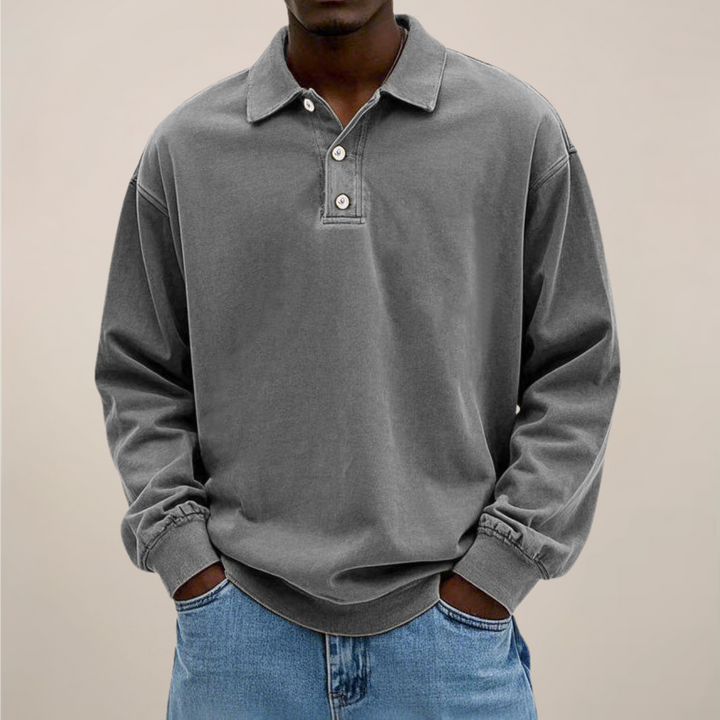 Herenpoloshirt met lange mouwen, knoopsluiting en losse pasvorm