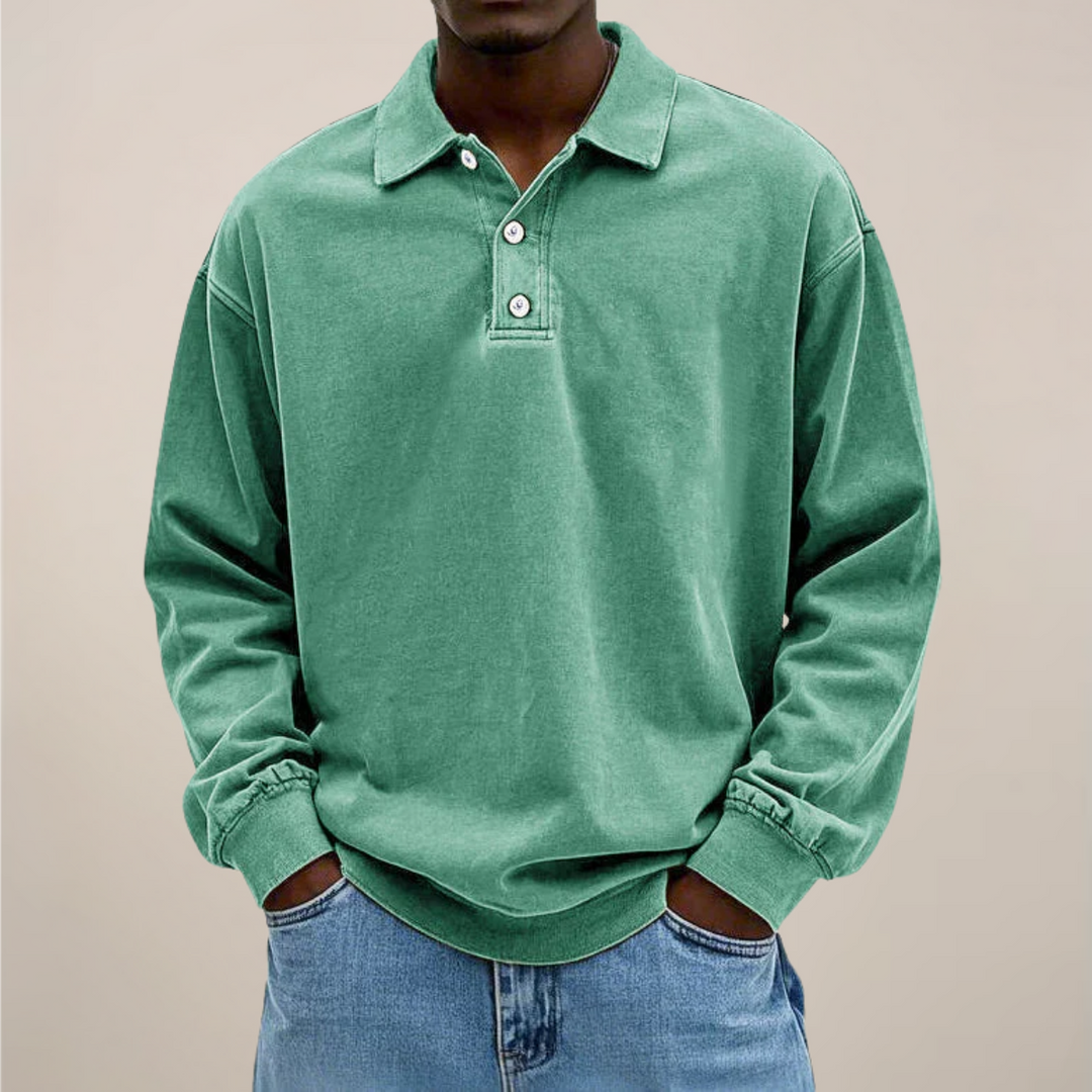 Herenpoloshirt met lange mouwen, knoopsluiting en losse pasvorm