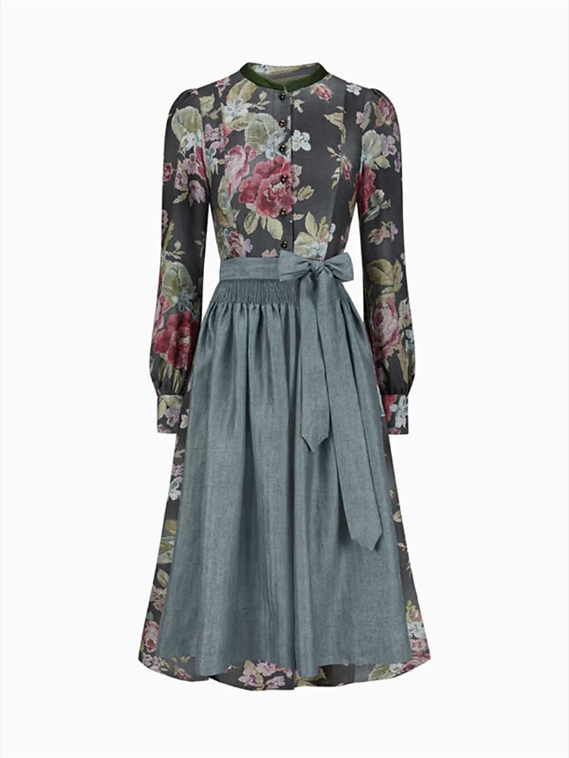 Lange vintage dirndljurk voor dames met bloemenprint en schort, van hoogwaardige stof