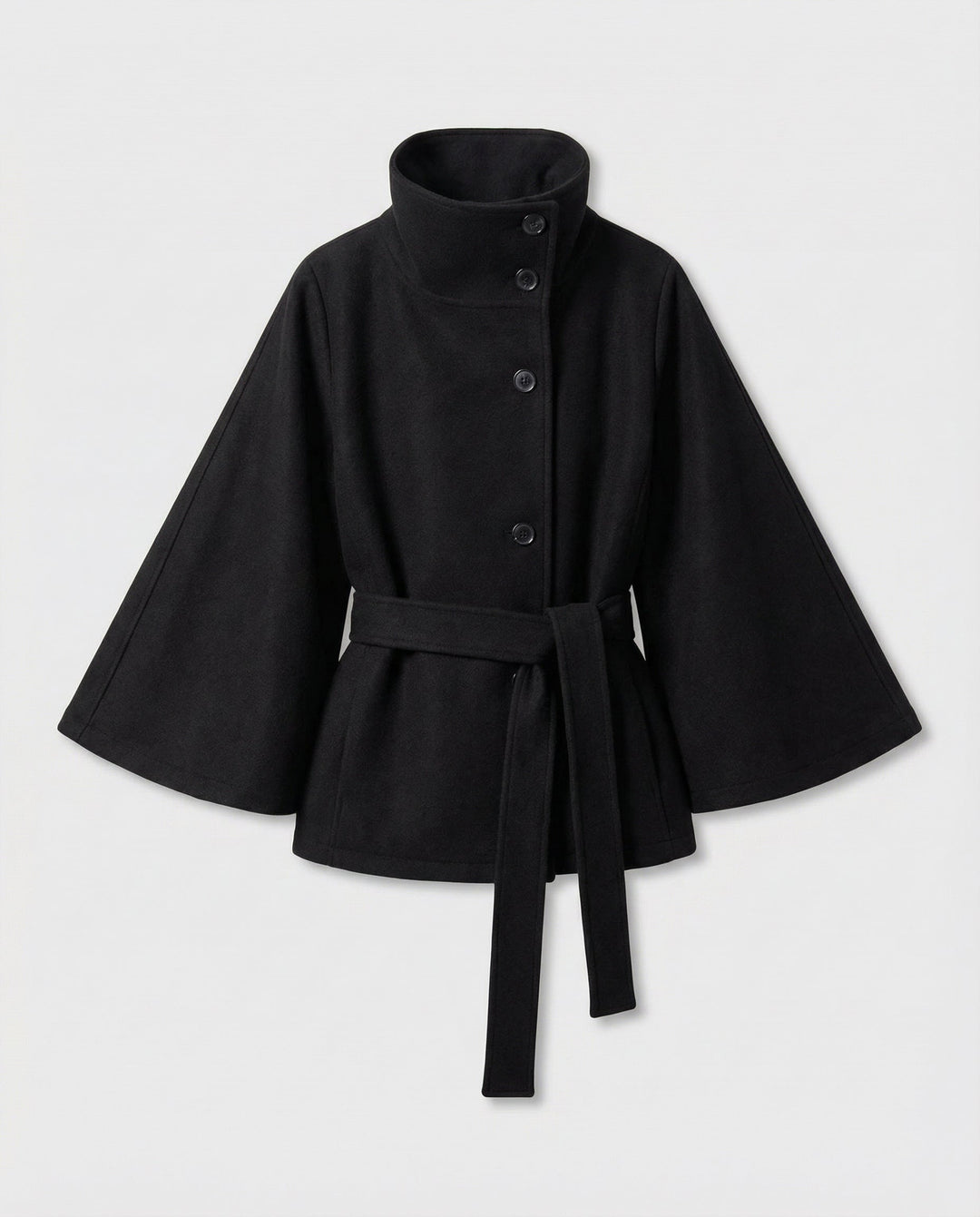 Dames capejas met riem van wolmix – winterlaag met hoge kraag