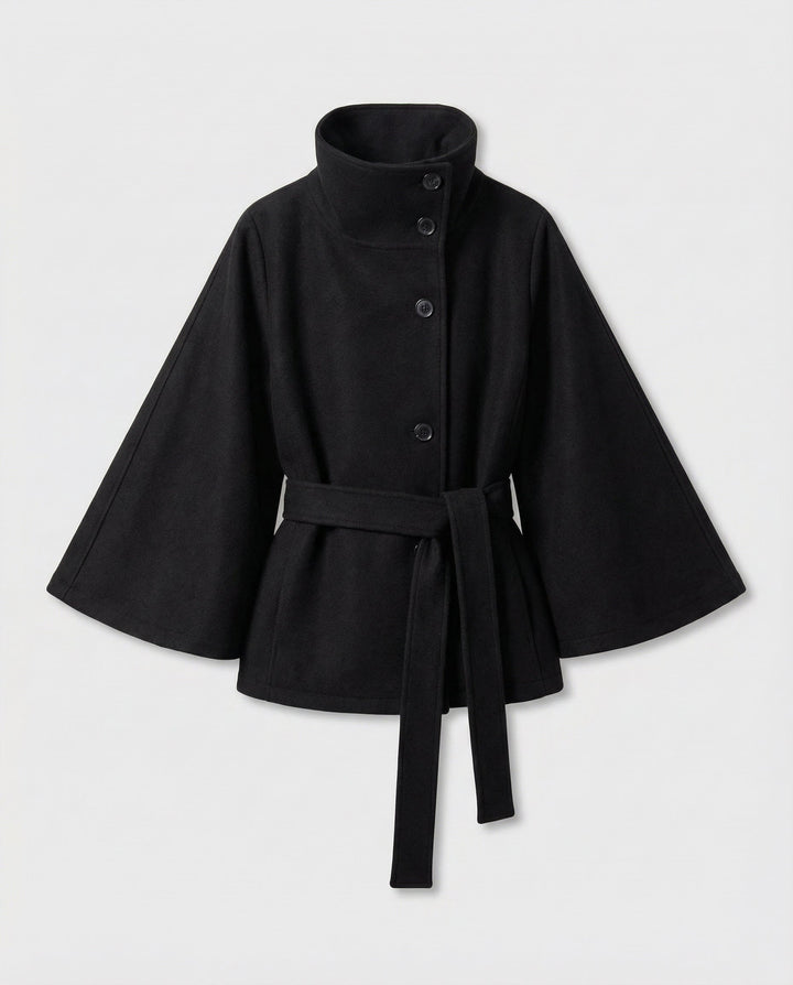 Dames capejas met riem van wolmix – winterlaag met hoge kraag