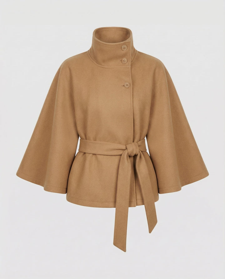 Dames capejas met riem van wolmix – winterlaag met hoge kraag