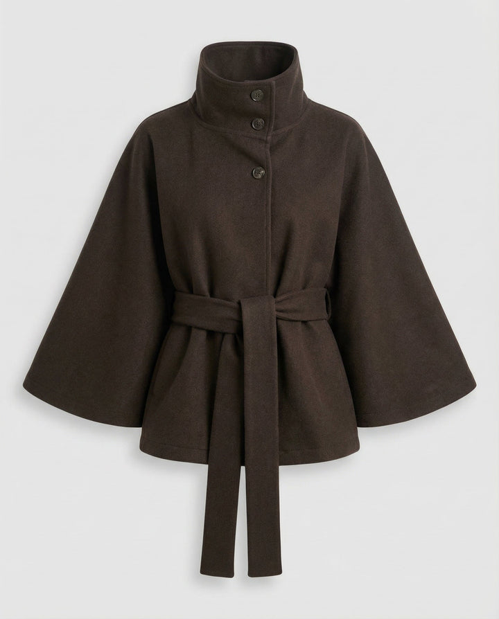 Dames capejas met riem van wolmix – winterlaag met hoge kraag