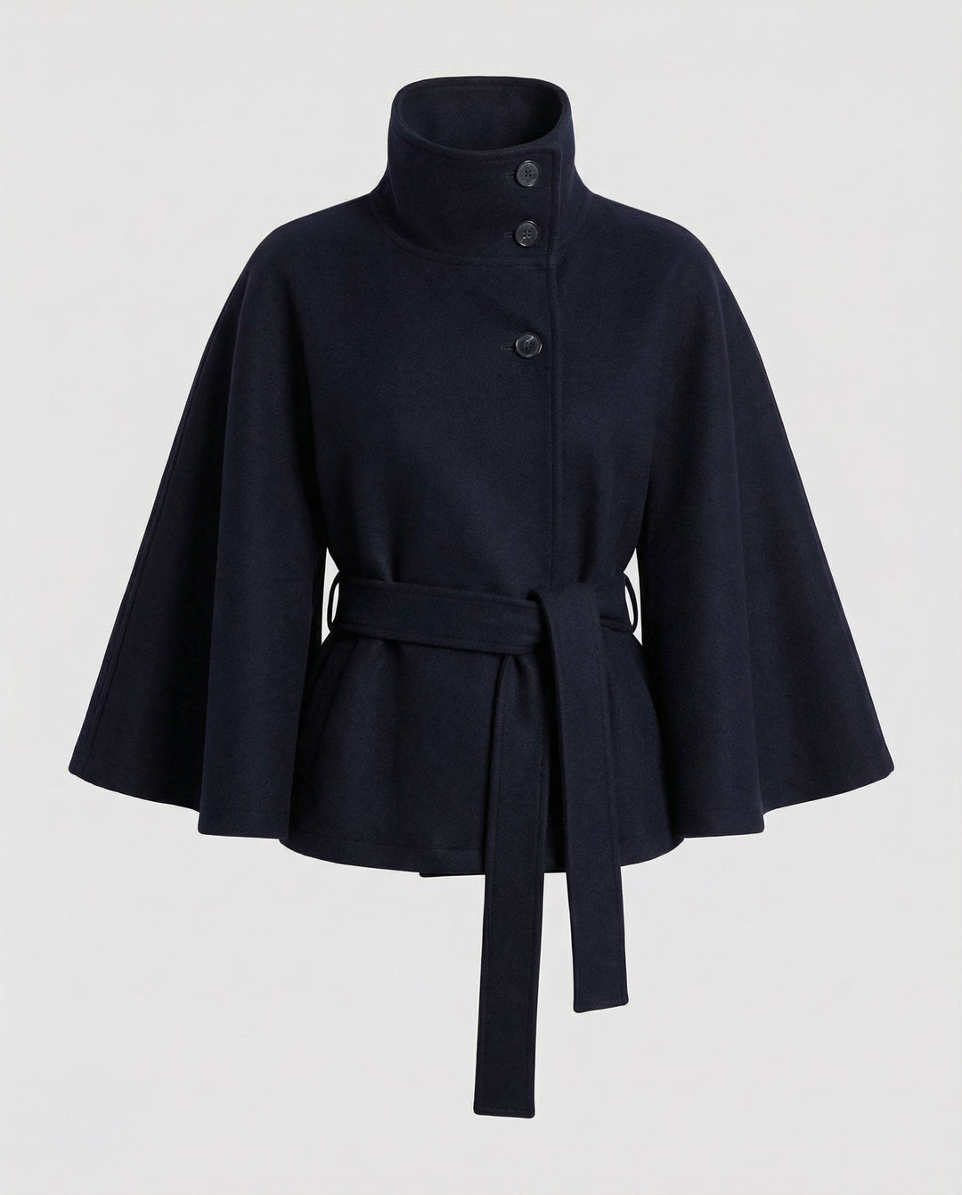 Dames capejas met riem van wolmix – winterlaag met hoge kraag