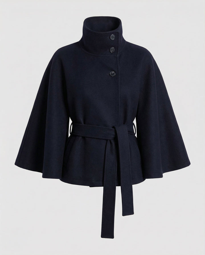 Dames capejas met riem van wolmix – winterlaag met hoge kraag