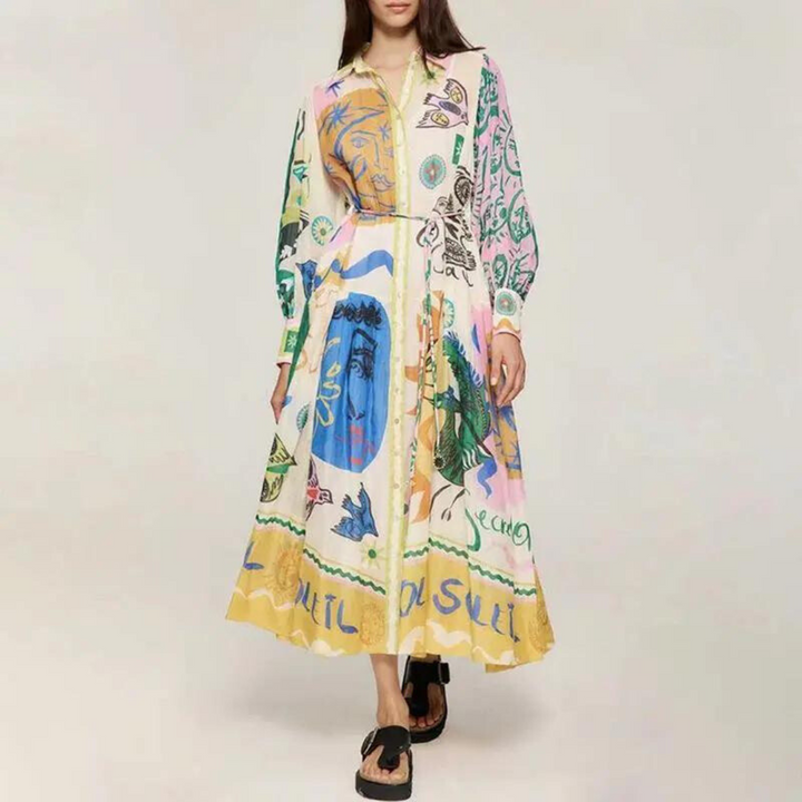 Uitlopende midi-jurk met een all-over grafische print - Lela