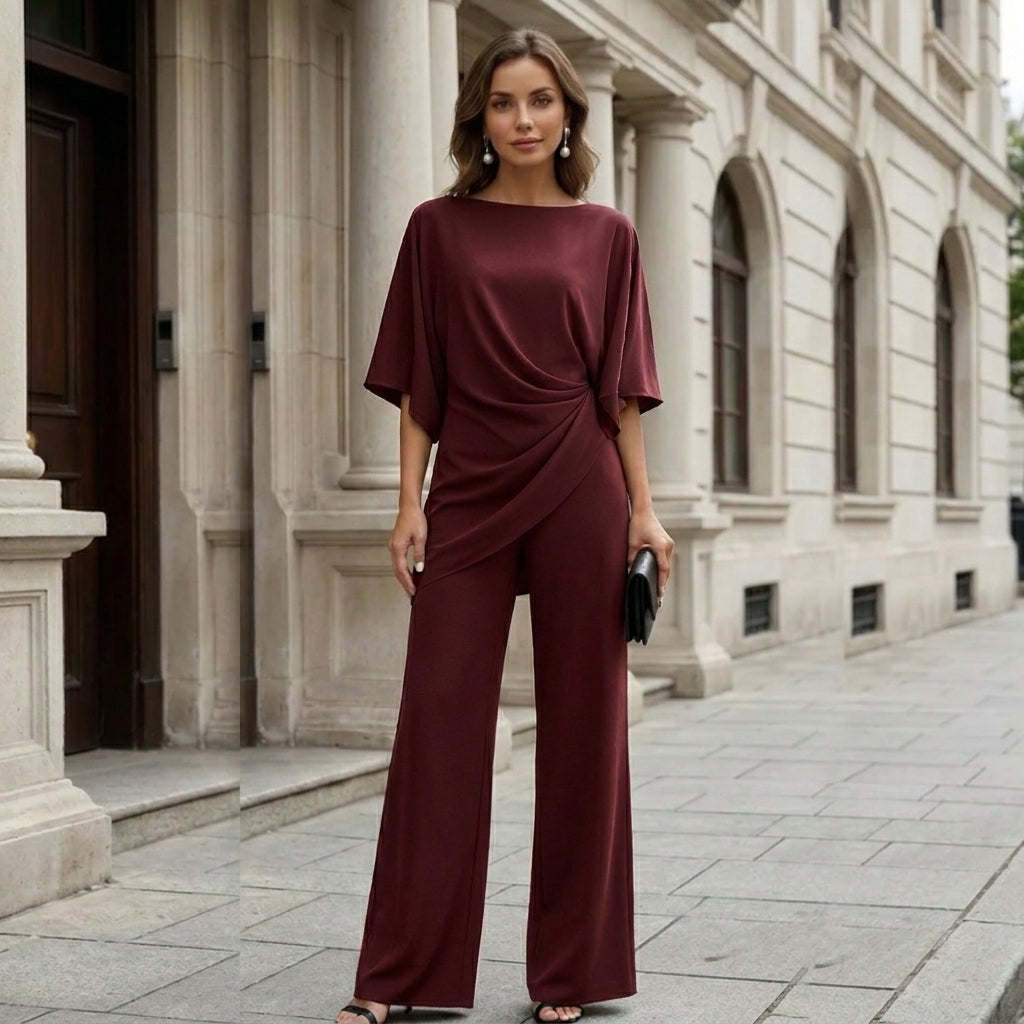 Gedrapeerde blouse en broek met wijde pijpen – tweedelig