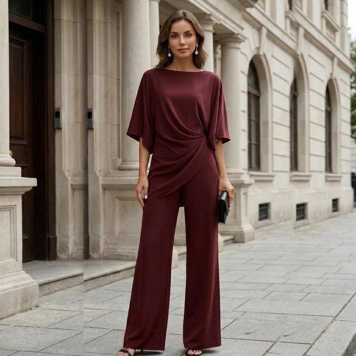 Gedrapeerde blouse en broek met wijde pijpen – tweedelig
