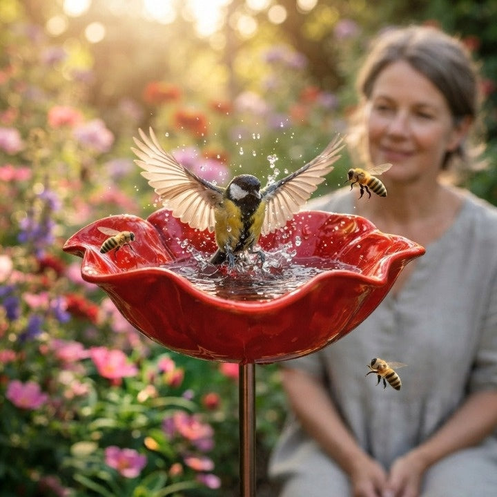 Metalen klaproos-vogeldrinkplaats op steker – tuin- en balkondecoratie, 60 cm