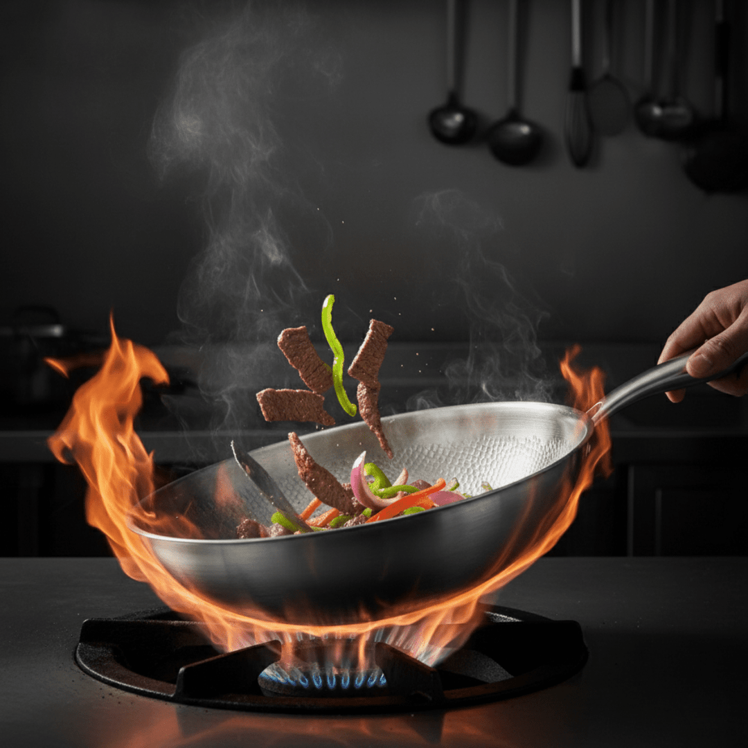 Gehamerde wokpan van titanium met platte bodem