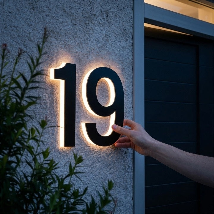 LED-huisnummerbord met achtergrondverlichting – modern, verlicht naambordje voor de ingang