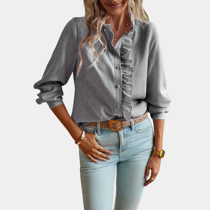 Gestreepte Dames Blouse met Ruches en Elegante Knoopsluiting