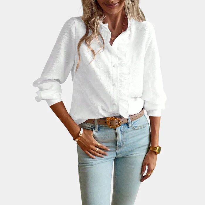 Gestreepte Dames Blouse met Ruches en Elegante Knoopsluiting