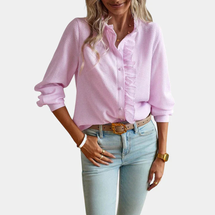 Gestreepte Dames Blouse met Ruches en Elegante Knoopsluiting