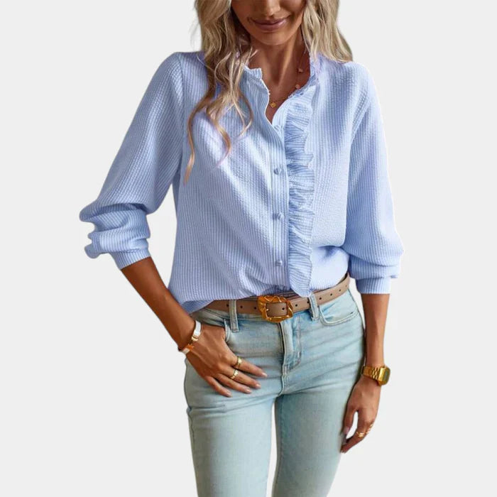 Gestreepte Dames Blouse met Ruches en Elegante Knoopsluiting