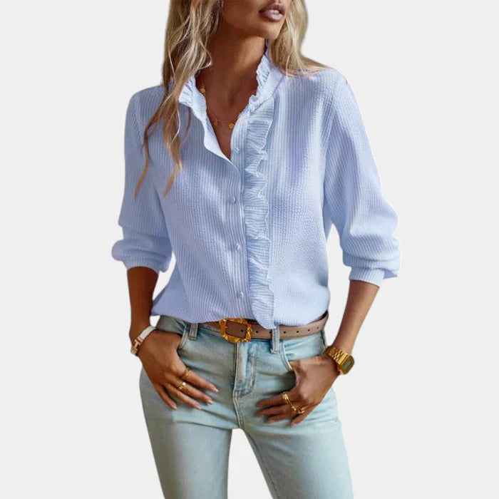 Gestreepte Dames Blouse met Ruches en Elegante Knoopsluiting