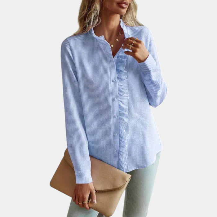 Gestreepte Dames Blouse met Ruches en Elegante Knoopsluiting