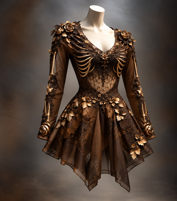 Gothic damesjurk met lange mouwen, V-hals en bot- en bloemdetail, mini