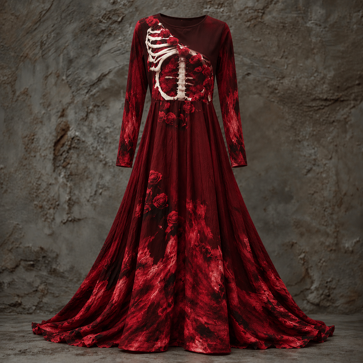 Maxi-jurk voor dames met lange mouwen voor Halloween, met skeletachtig bovenstuk