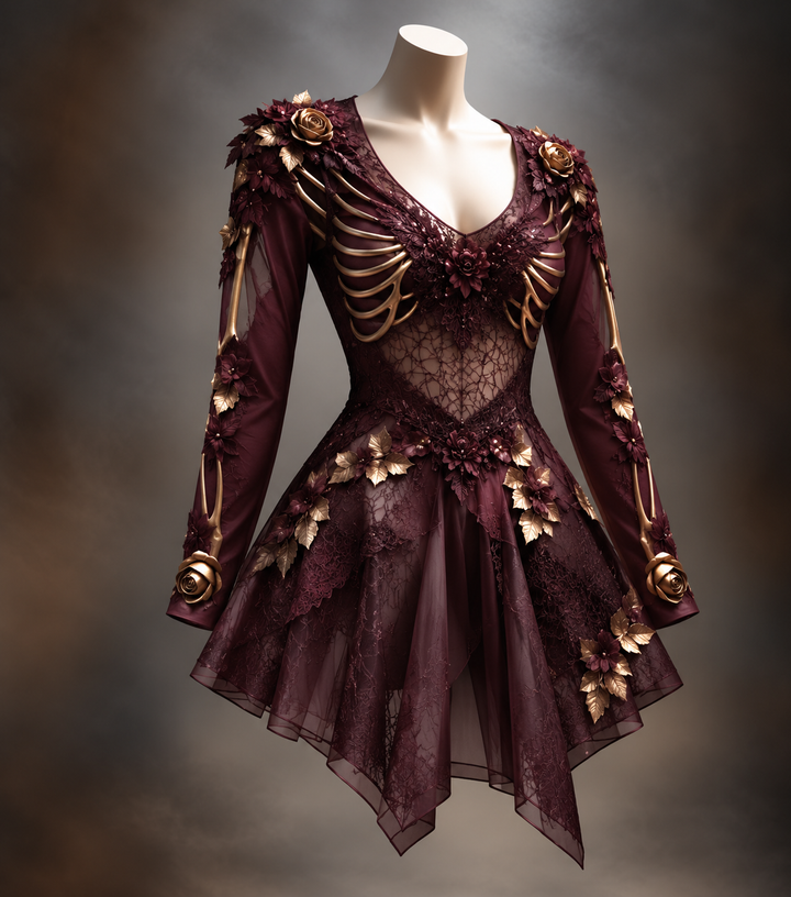 Gothic damesjurk met lange mouwen, V-hals en bot- en bloemdetail, mini