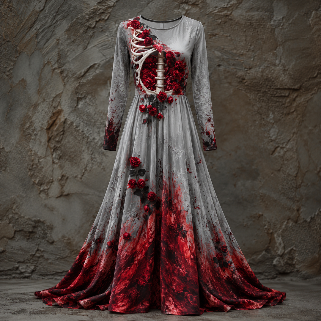 Maxi-jurk voor dames met lange mouwen voor Halloween, met skeletachtig bovenstuk