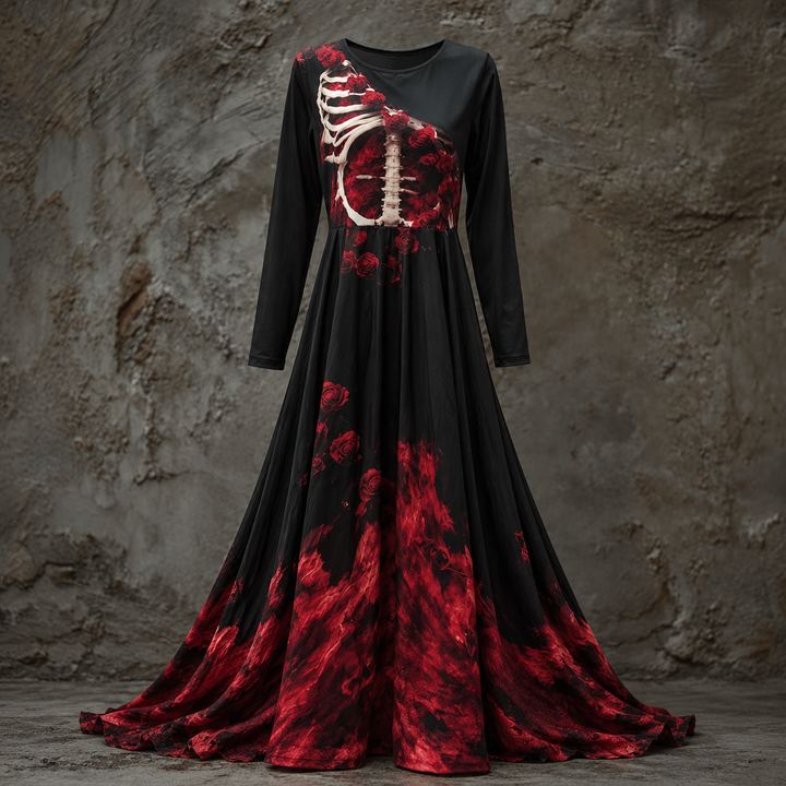 Maxi-jurk voor dames met lange mouwen voor Halloween, met skeletachtig bovenstuk