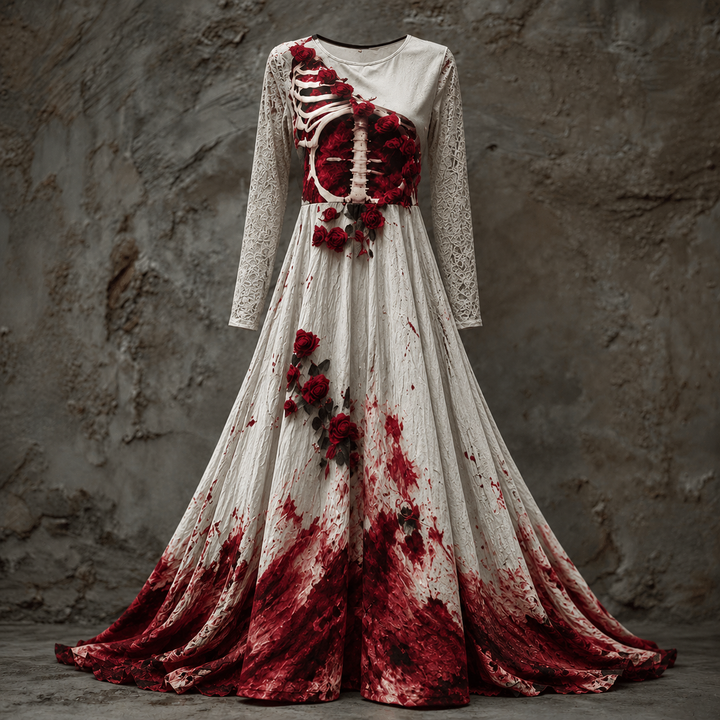 Maxi-jurk voor dames met lange mouwen voor Halloween, met skeletachtig bovenstuk