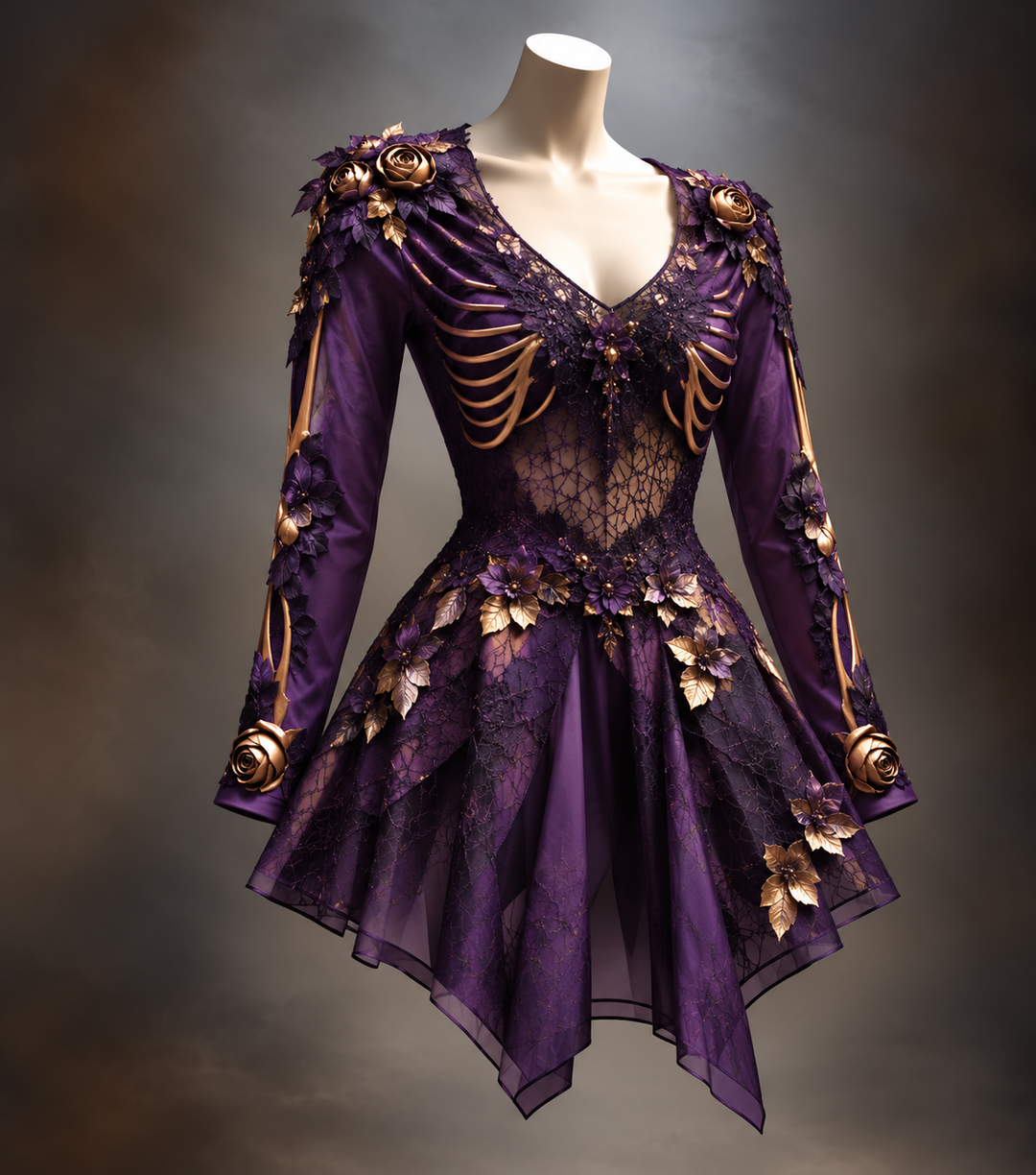 Gothic damesjurk met lange mouwen, V-hals en bot- en bloemdetail, mini
