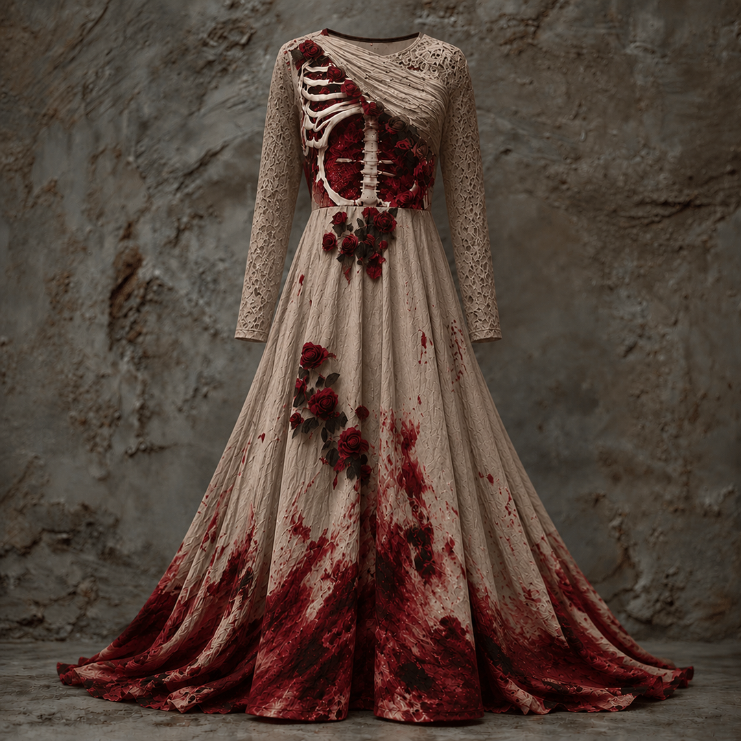 Maxi-jurk voor dames met lange mouwen voor Halloween, met skeletachtig bovenstuk