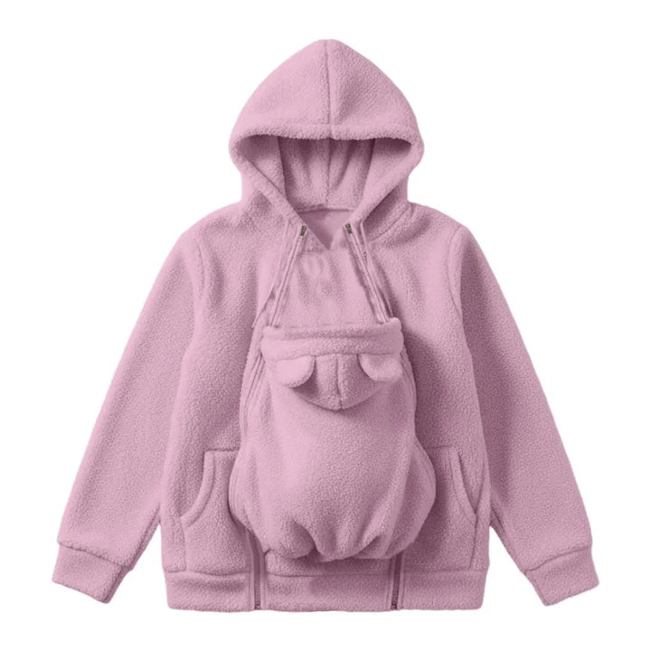Knusse fleece hoodie om een baby in te dragen met voorvak