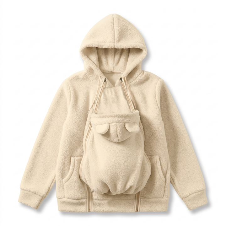 Knusse fleece hoodie om een baby in te dragen met voorvak
