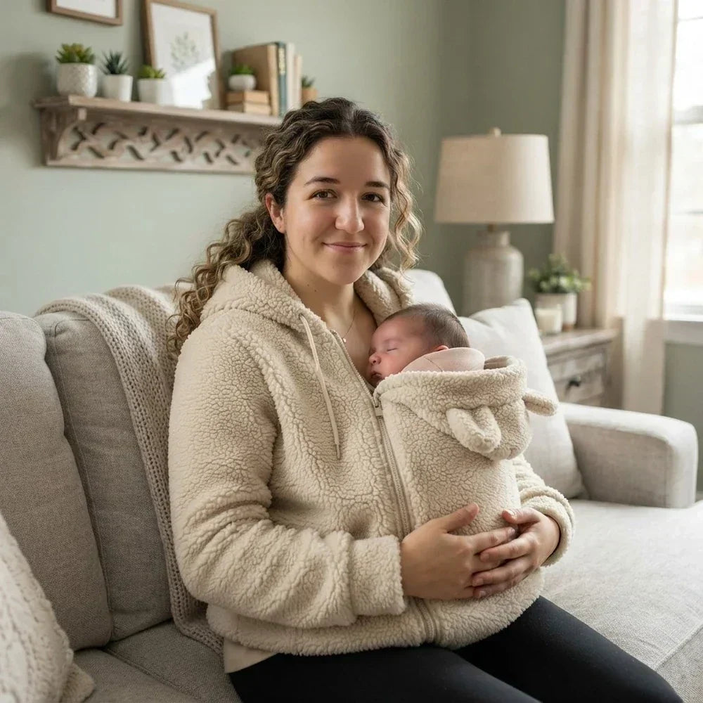 Knusse fleece hoodie om een baby in te dragen met voorvak