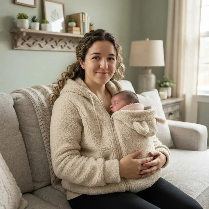 Gezellige sherpa-fleecehoodie met afneembaar ritsinzetstuk als babydrager