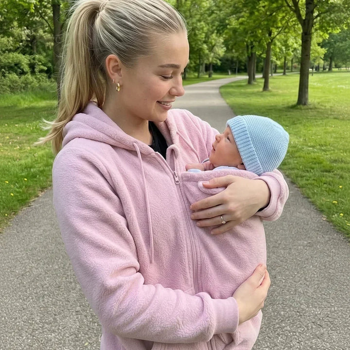 Gezellige sherpa-fleecehoodie met afneembaar ritsinzetstuk als babydrager