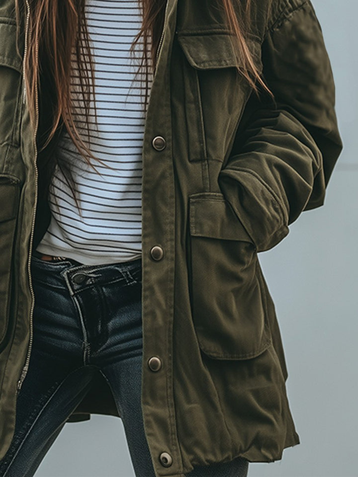 Groen dames utility-jack, losse pasvorm in legerstijl met zakken