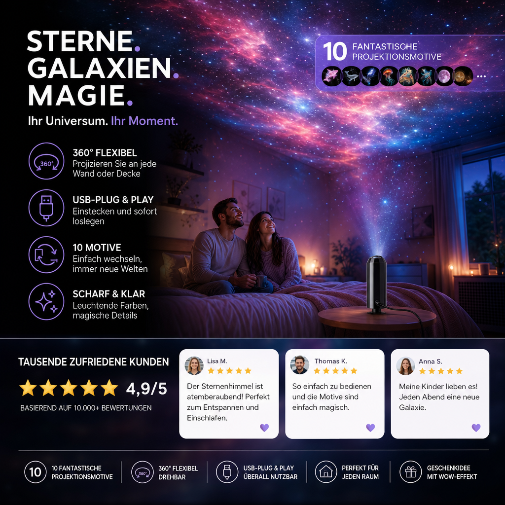 Led-sterrenprojector Galaxy met 10 dia's en flexibele USB-arm