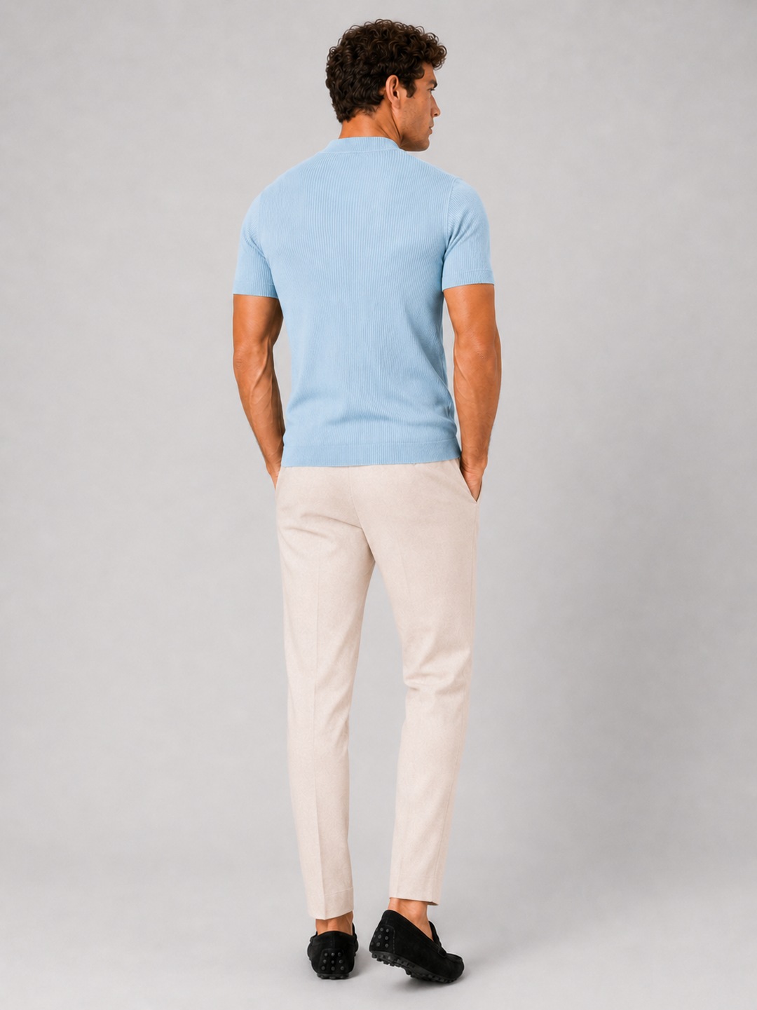 Heren-rib-T-shirt met opstaande kraag – getailleerde stretch top met korte mouwen
