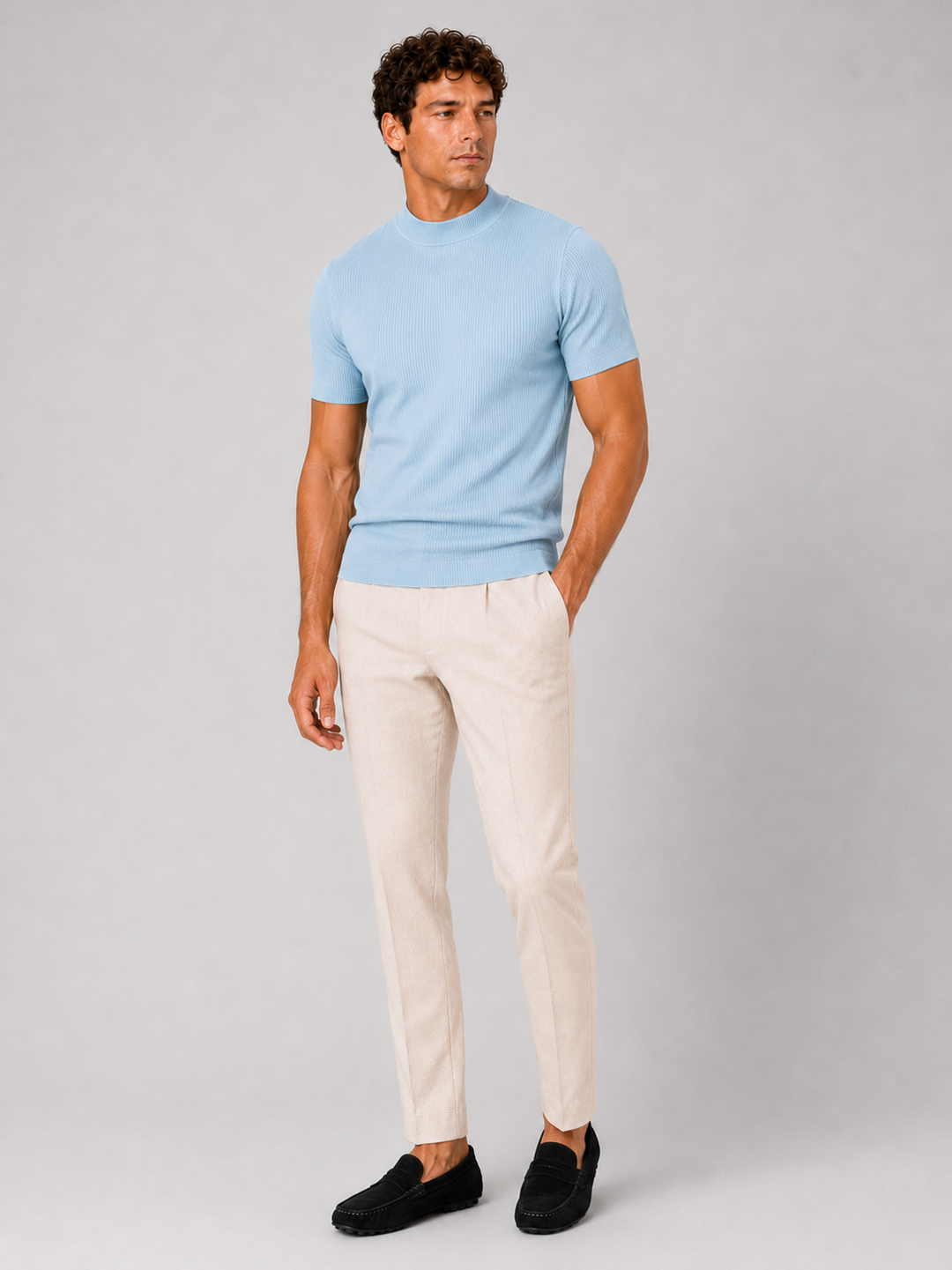 Heren-rib-T-shirt met opstaande kraag – getailleerde stretch top met korte mouwen