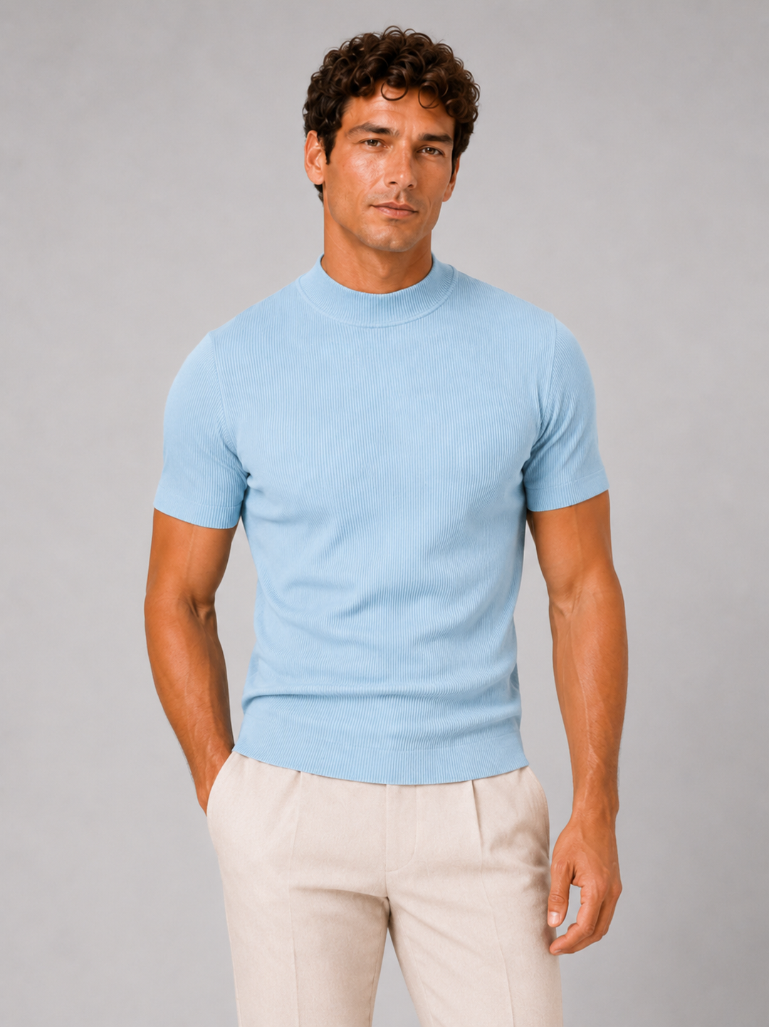 Heren-rib-T-shirt met opstaande kraag – getailleerde stretch top met korte mouwen