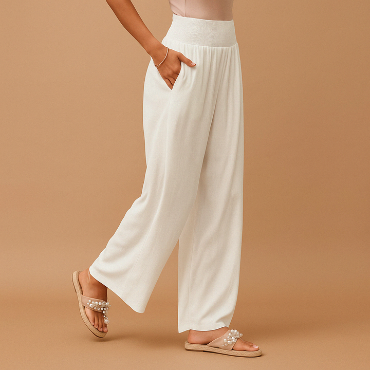 Elegante Linnen Damesbroek met Hoge Taille en Elastische Tailleband