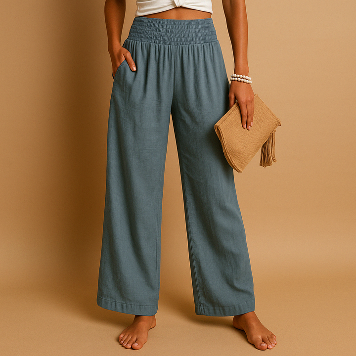Elegante Linnen Damesbroek met Hoge Taille en Elastische Tailleband