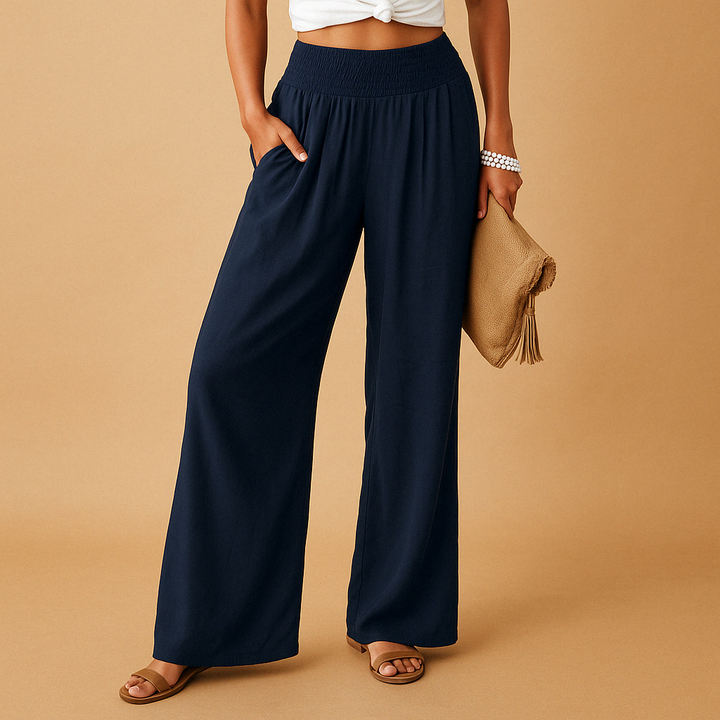 Elegante Linnen Damesbroek met Hoge Taille en Elastische Tailleband