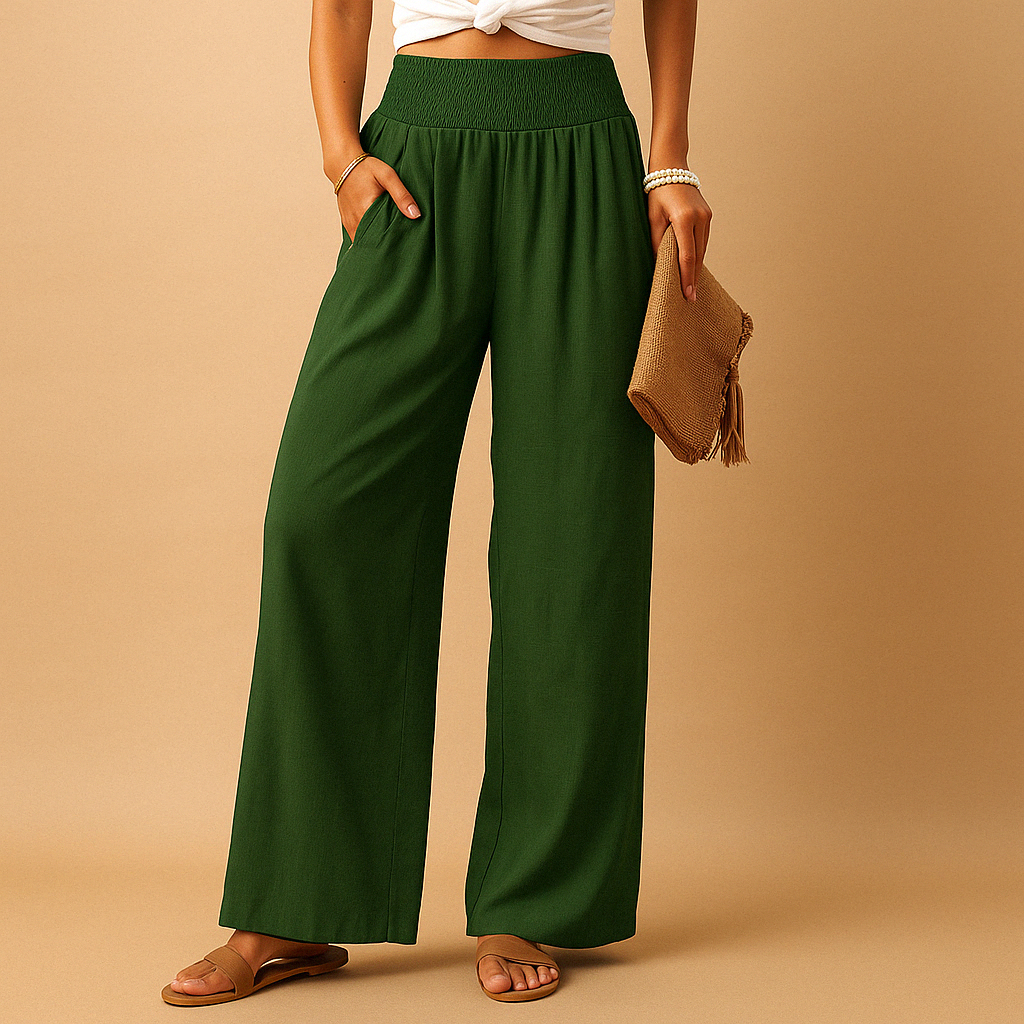 Elegante Linnen Damesbroek met Hoge Taille en Elastische Tailleband