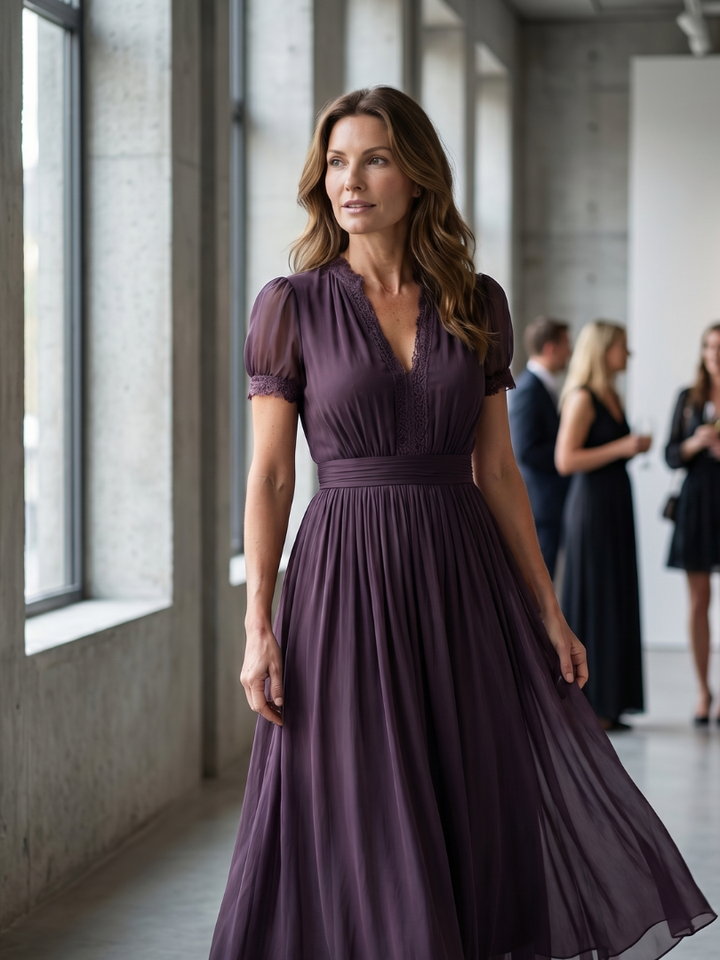 Maxi-jurk voor dames met geplisseerde taille en doorschijnende mouwen