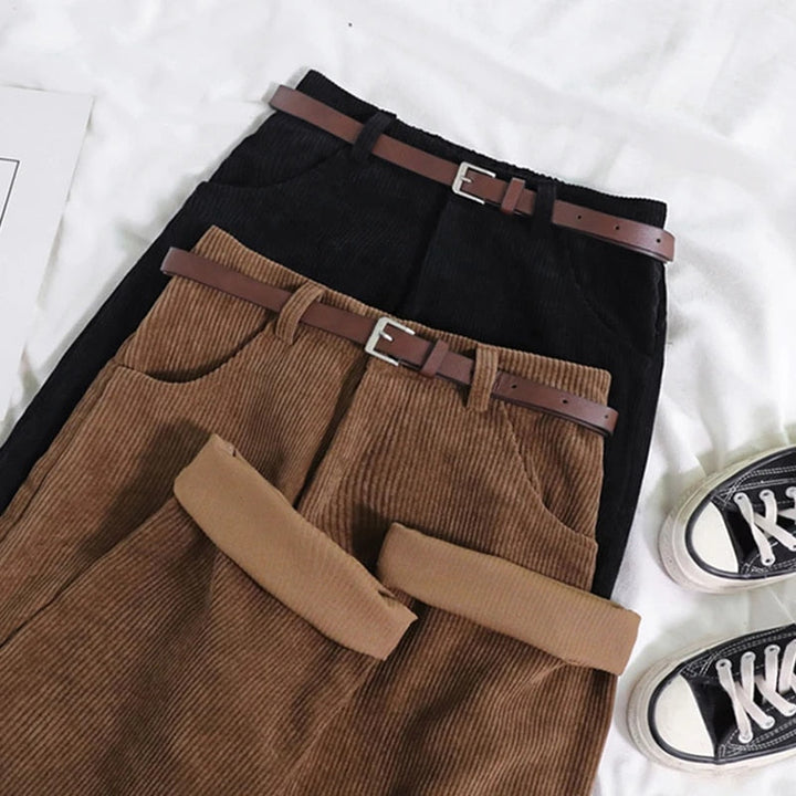 Corduroy Broek voor Dames met Hoge Taille en Relaxte Pasvorm