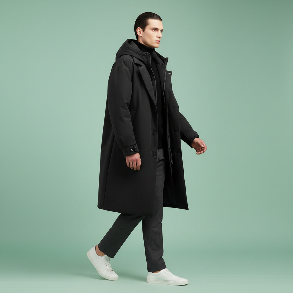 Waterdichte heren trenchcoat met capuchon, lange regenjas voor stad en reis