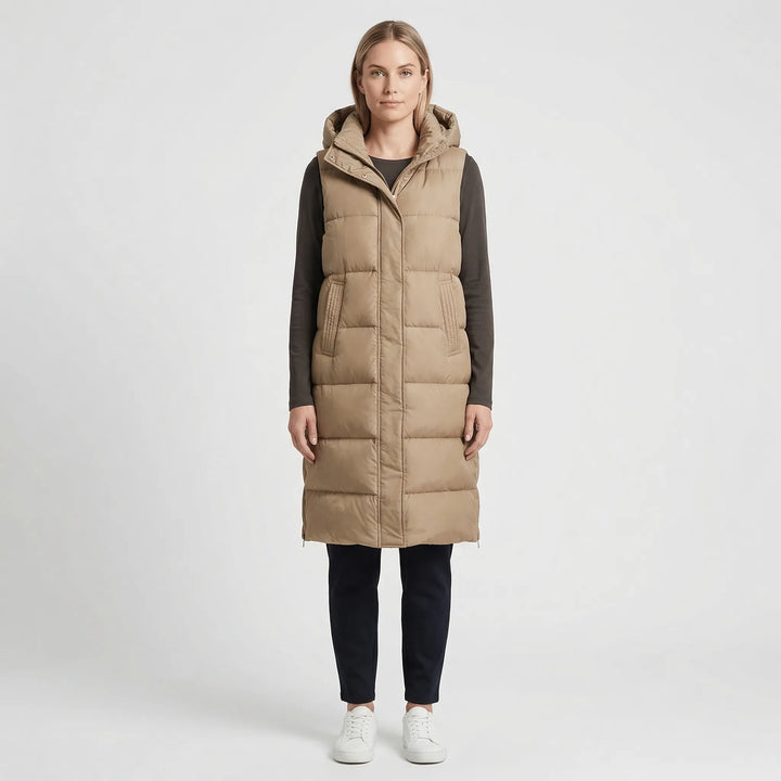 Midi-lange gevoerde bodywarmer - hazelkleurig
