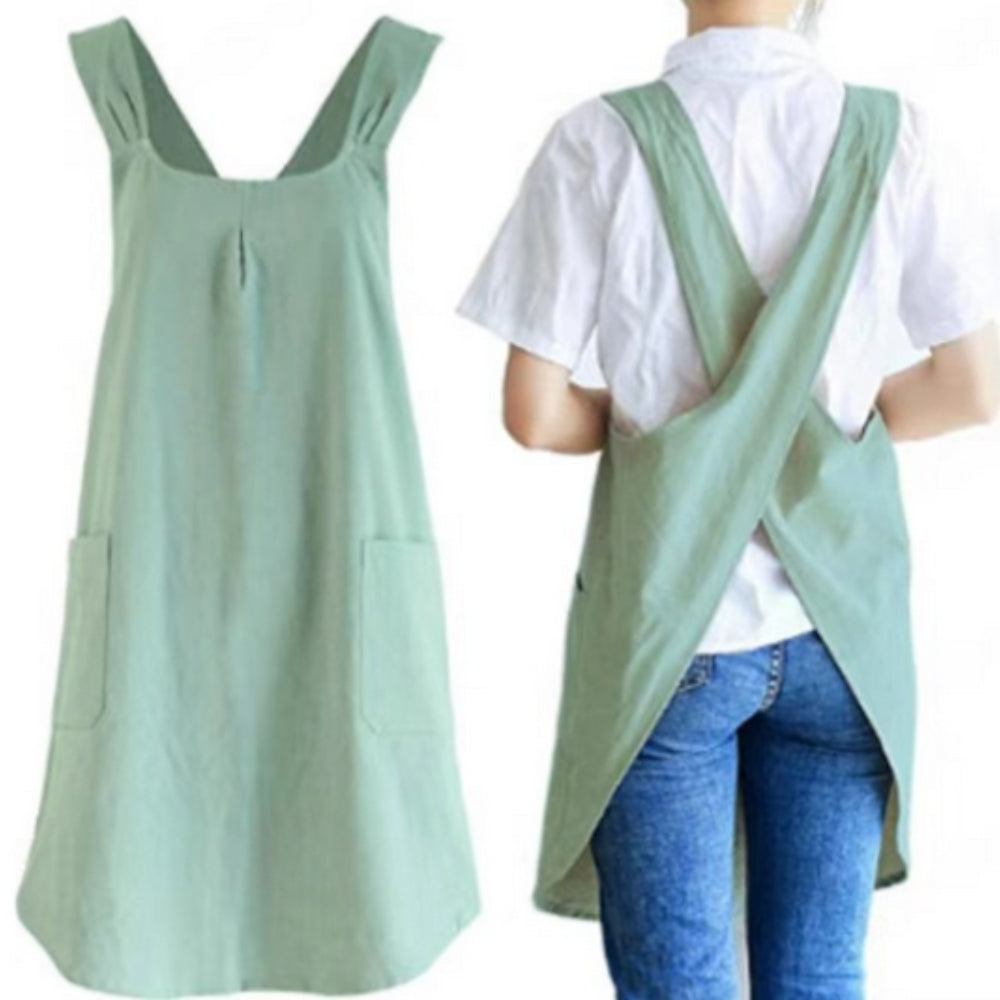 Minimalistische schortjurk met comfortabele gekruiste rug en zakken