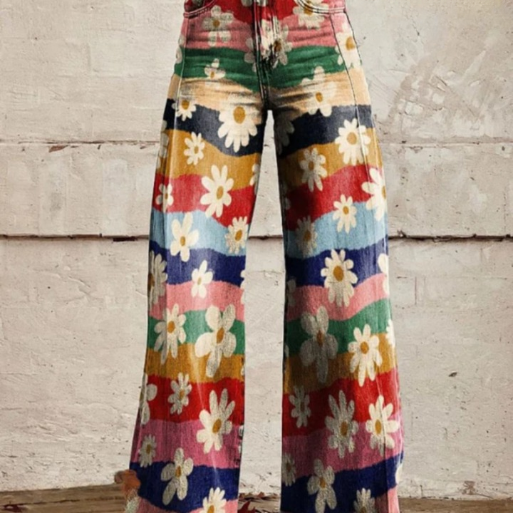 Trendy retro bloemenbroek met wijde pijpen en hoge taille – Mirella